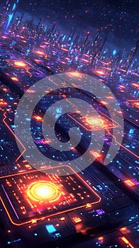 Abstract electronic circuit board neon glow tech