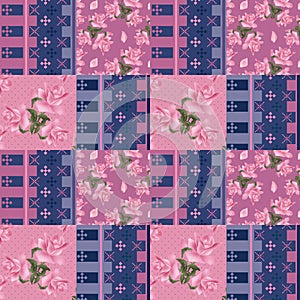 Abstract elegance seamless patchwork pattern with rose flowers b