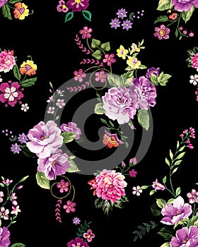 Abstract elegance seamless pattern with floral on black color background. Ready for textile prints.