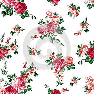 Abstract Elegance Seamless pattern with large watercolor flowers isolated on white background.