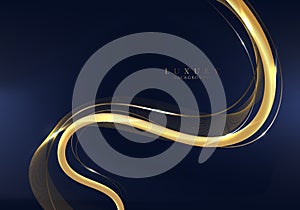 Abstract elegant 3D golden wave curved line elements with lighting effect on dark blue background