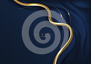 Abstract elegant 3D golden wave curved line elements with lighting effect on dark blue background