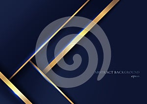 Abstract elegant blue geometric overlap layers with stripe golden line and lighting on dark blue background