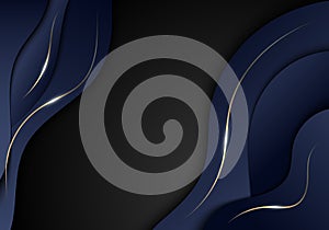 Abstract elegant dark blue color wave shape and gold lines with lighting on black background luxury style