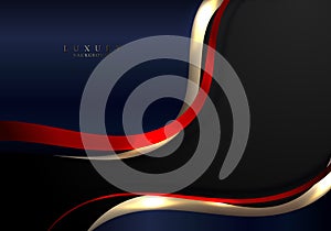 Abstract elegant gold, red and blue curved wave lines with shiny sparkling light on black background luxury style