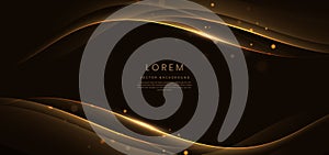 Abstract elegant golden wave on black background with lighting effect and sparkle with copy space for text. Luxury design style