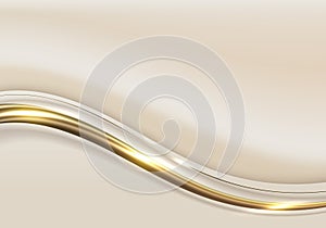 Abstract elegant white and brown wave shape with 3D golden curved lines rounded and light sparking on clean background