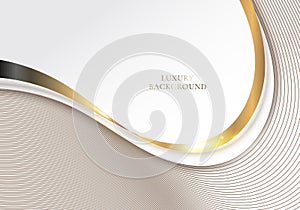 Abstract elegant white and brown wave shape with 3D golden curved ribbon lines rounded and light sparking on clean background