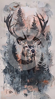 Abstract elk portrait with forest background