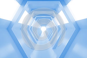 Abstract empty cool blue shining tunnel with light in the end. 3D Render.