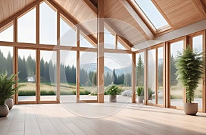 abstract empty hall, light timber floor, big windows, natural views, fresh plants, no people