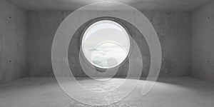 Abstract empty, modern concrete room with round window opening in the back wall and cloudy mountain view - industrial interior