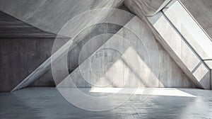 Abstract empty space background, modern concrete room with gray sloped walls and sunlight from window, minimal hall interior.