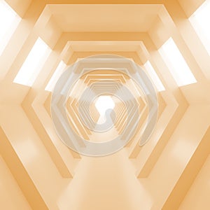 Abstract empty warm orange shining tunnel with light in the end. 3D Render.