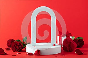 Abstract empty white podium with arch, hearts and rose flowers on red background. Mock up stand for product presentation