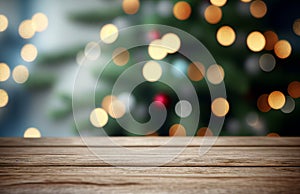 Abstract empty wooden desk table with copy space over christmas tree decorated blurred background