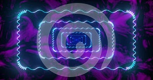 Abstract endless blue neon tunnel in rounded rectangle with wavy edges form