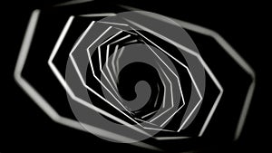 Abstract endless movement of geometrical figures, one by one, forming tunnel on black background, seamless loop