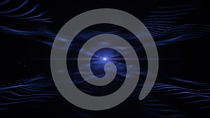 Abstract energy background. Techno blue imitation of waves on black backdrop. Light blurred blue blick is on the centre