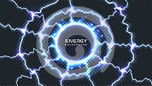 Abstract energy shock lightning ring frame special light effect on transparent background. Vector blue power thunderbolt mesh.