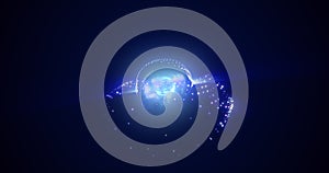 Abstract energy sphere with flying glowing bright blue particles, science