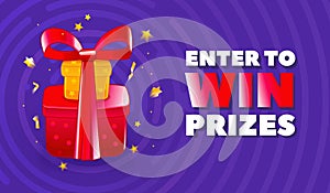Abstract enter to win banner with illustration of red gifts with ribbon and golden stars decoration.