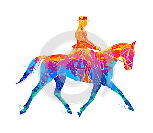 Abstract Equestrian sport from splash of watercolors. Jockey in uniform riding horse. Dressage