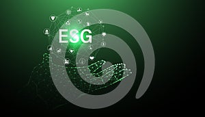 Abstract ESG with icons, concepts, digital hands, wireframes, sustainable corporate development, Environment, Social, and