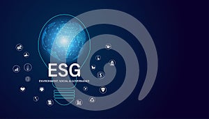 Abstract ESG with icons, concepts, ideas and light bulbs Digital world Sustainable corporate development Environment, Social, and