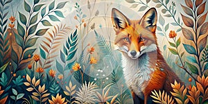 Abstract Essence of Nature Geometric Fox Amidst Stylized Flora for Modern Wallart and Wallpaper Generative By AI photo