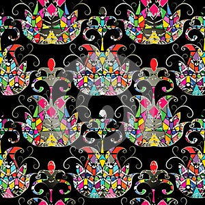 Abstract ethnic style geometric seamless pattern. Vector ornamental tribe background with geometrical colorful flowers, shapes, e