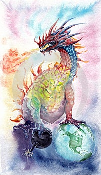 Abstract evil dragon wants to blow up planet earth. Hand drawn colorful watercolors on paper texture. Ð’itmap image