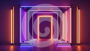 Abstract exhibition background with ultraviolet neon, glowing pink neon squares frames