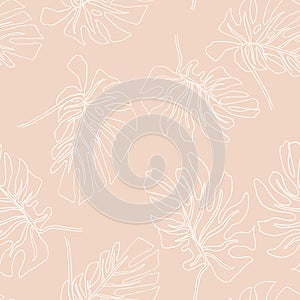 Abstract exotic leaves seamless pattern. Hand drawn tropical summer background: Philodendron monstera, palm leaf contours. Vector