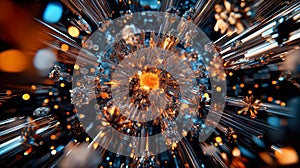 Abstract Explosion of Blue and Orange Light Rays with Crystal Structures