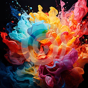 Abstract explosion of colors in paint splashes, isolated on black