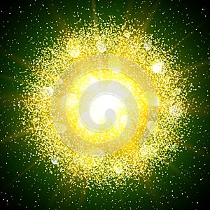Abstract explosion with gold glittering elements. Burst of glowing star.
