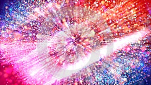 Abstract explosion of multicolored shiny particles or light rays like laser show. 3d render abstract background with