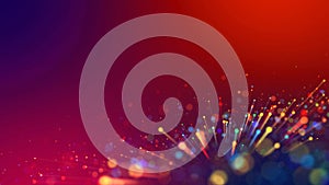 Abstract explosion of multicolored shiny particles or light rays like laser show. 3d render abstract background with