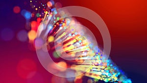 Abstract explosion of multicolored shiny particles or light rays like laser show. 3d render abstract background with