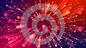 Abstract explosion of multicolored shiny particles like sparkles with light rays like laser show. 3d abstract background