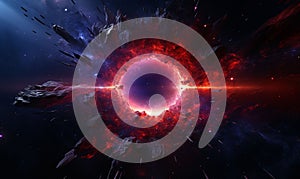 an abstract explosion of red and blue light with small pieces of space