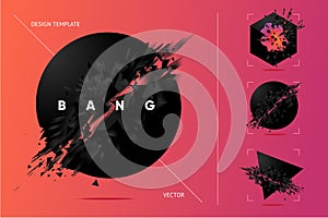 Abstract explosion shapes set with black particles. Bang futuristic design elements collection. Design templates.