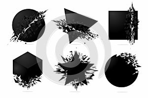 Abstract explosion shapes set with black particles. Bang futuristic design elements collection. Design templates.