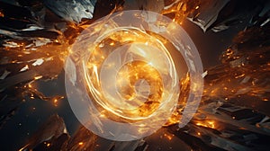 Abstract explosion in space with rocks and stones burst in flame, sci-fi and technology background