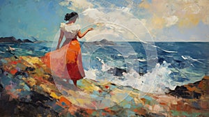 Abstract Expressionism Painting: Peasant Girl Standing By The Sea photo