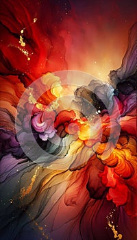 Expressionist Alcohol Ink Painting with Fiery Reds, Oranges, Yellows Swirling in an Abstract Sunset photo