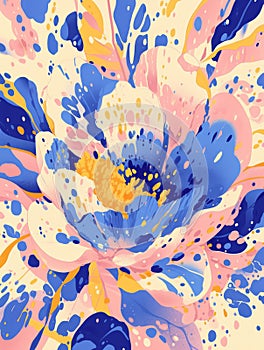 Abstract expressive artwork of flower. Colorful paint stains. Floral gouache or acrylic painting. Explosion and splash
