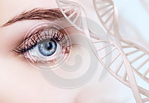 Abstract eye with digital circle and DNA chains.