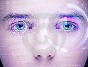 Abstract eye with digital circle. Futuristic vision science and identification concept.